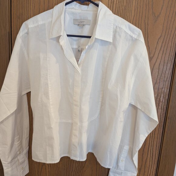 NWT Loft Button Down Collar "Bib" Textured White Blouse-M - Picture 5 of 6